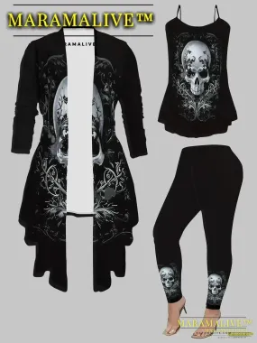 3-piece3-piece Gothic Skull Print Women's 3-Piece Set: Elegant Knit Top, Cardigan, and Pants - All-Season Polyester Gothic Skull Print Women's 3-Piece Set: Elegant Middle Eastern Style Knit Top, Cardigan, and Pants - All-Season Polyester