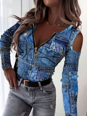 Faux Denim Cold Shoulder TShirt Stylish Zipper Tee for Women