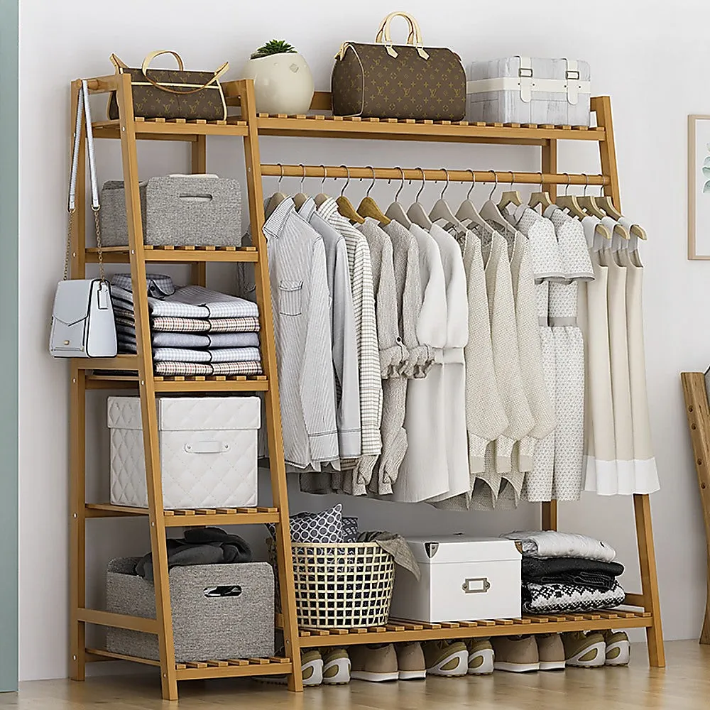 5-Tier Bamboo Clothes Rack with 7 Shelves and Hooks