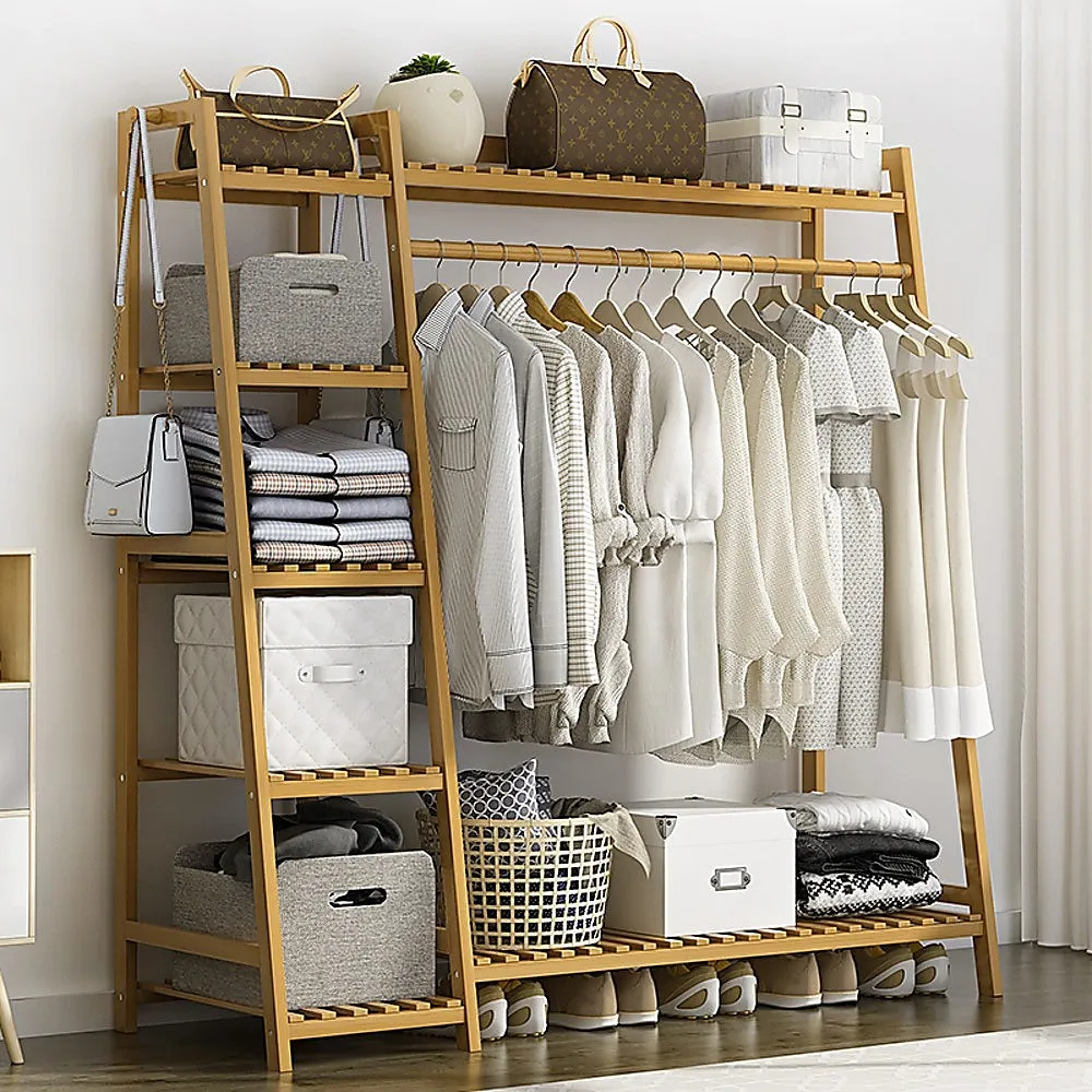 5-Tier Bamboo Clothes Rack with 7 Shelves and Hooks