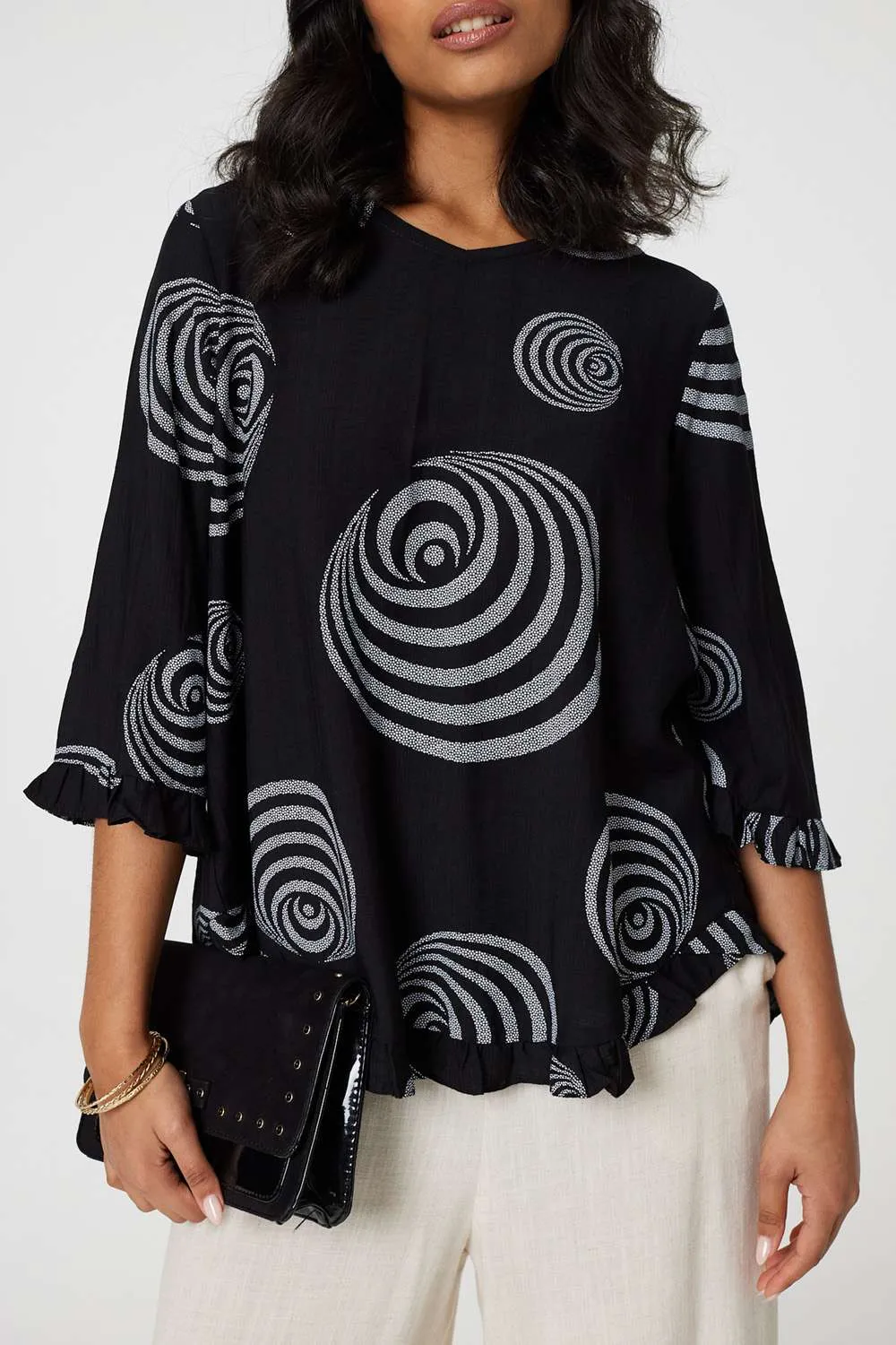 Abstract Print Frill Hem Tunic Top