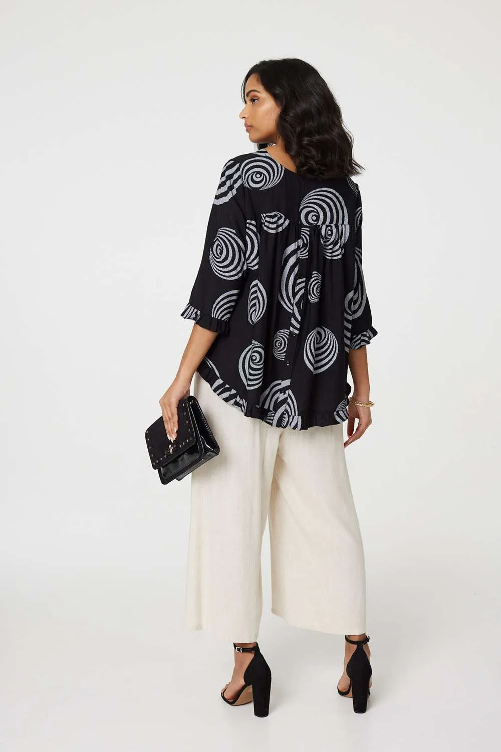 Abstract Print Frill Hem Tunic Top