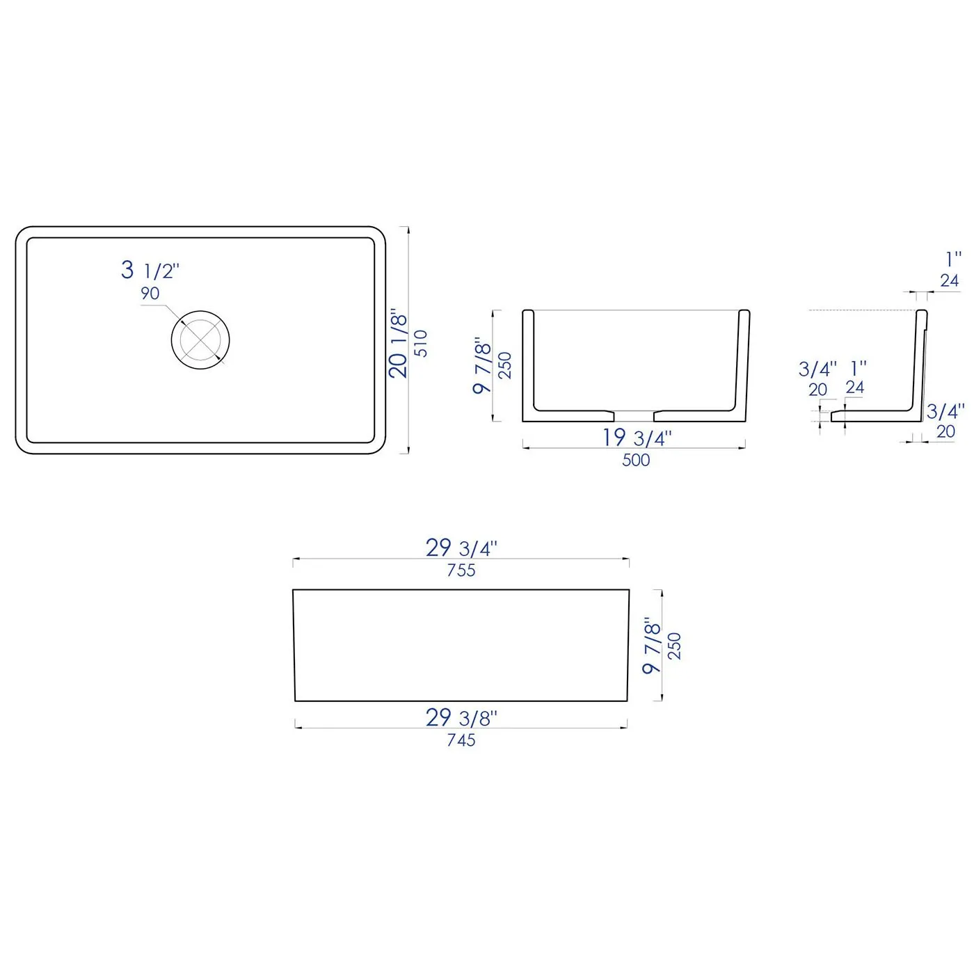 ALFI ABTI3020SB Titanium/Fluted 30" Reversible Fireclay Farmhouse Kitchen Sink