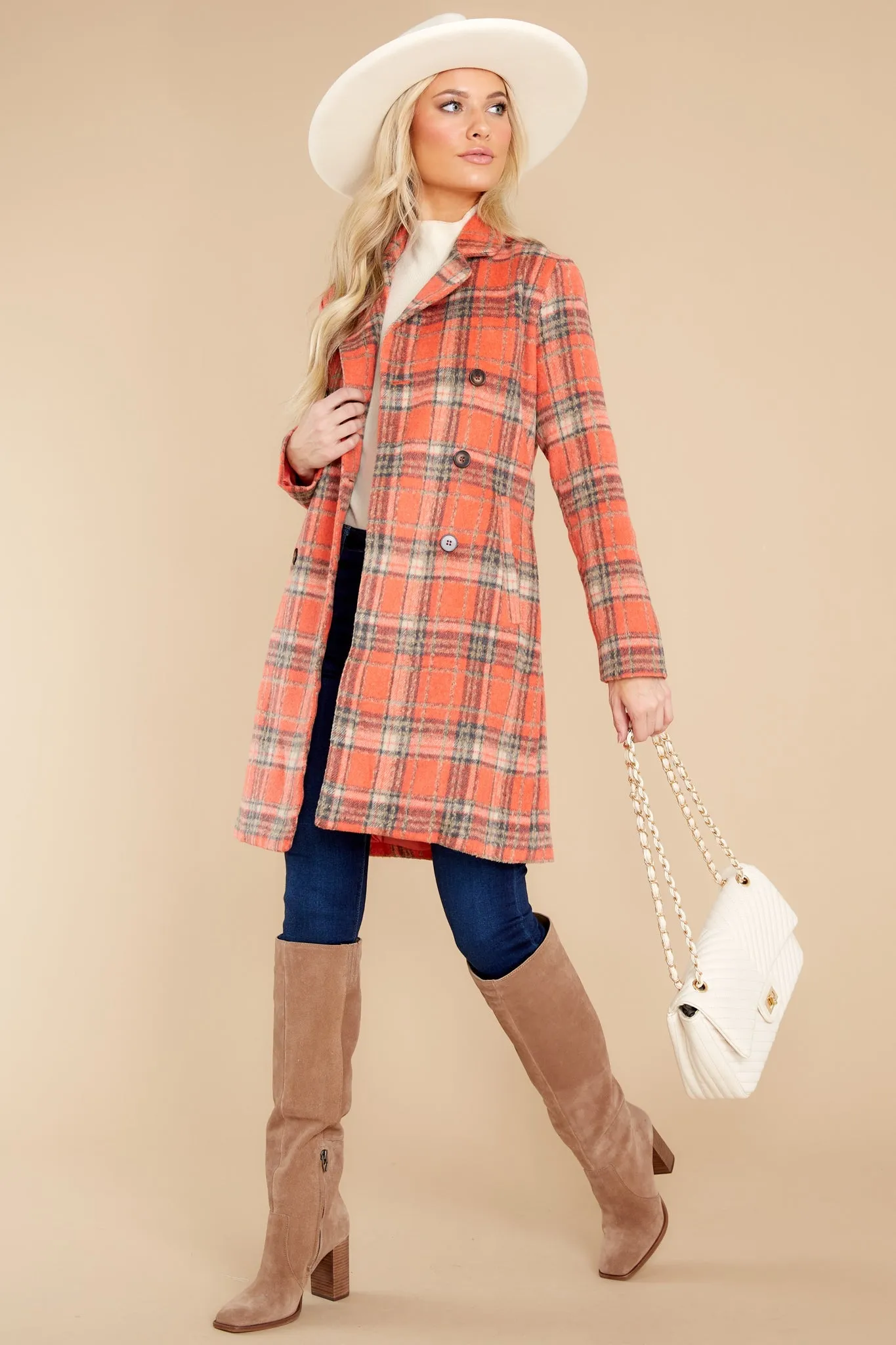 Always A Possibility Coral Orange Plaid Coat