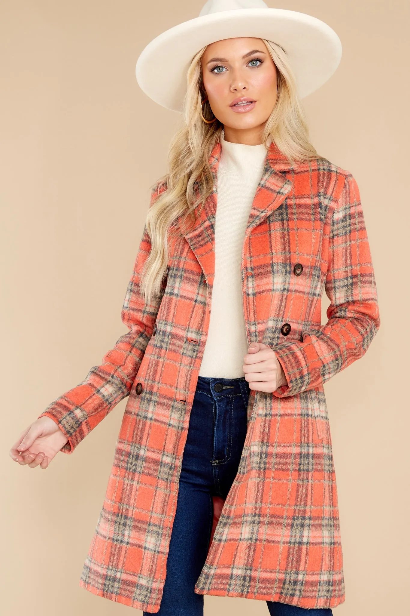 Always A Possibility Coral Orange Plaid Coat