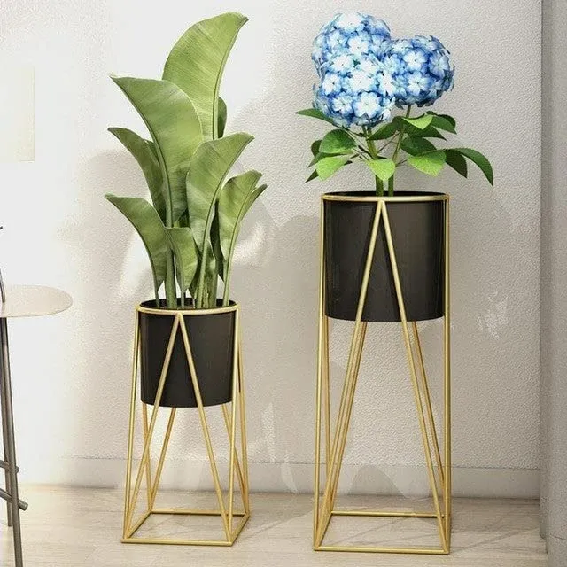 AMASS HANDICRAFTS Planters for Indoor - Outdoor Plants & Modern Metal Floor Tall Plant Stand for Garden, Balcony & Living Room & Mid Century Plant Stands with Pots Set of 2 Flower Pots (Black)