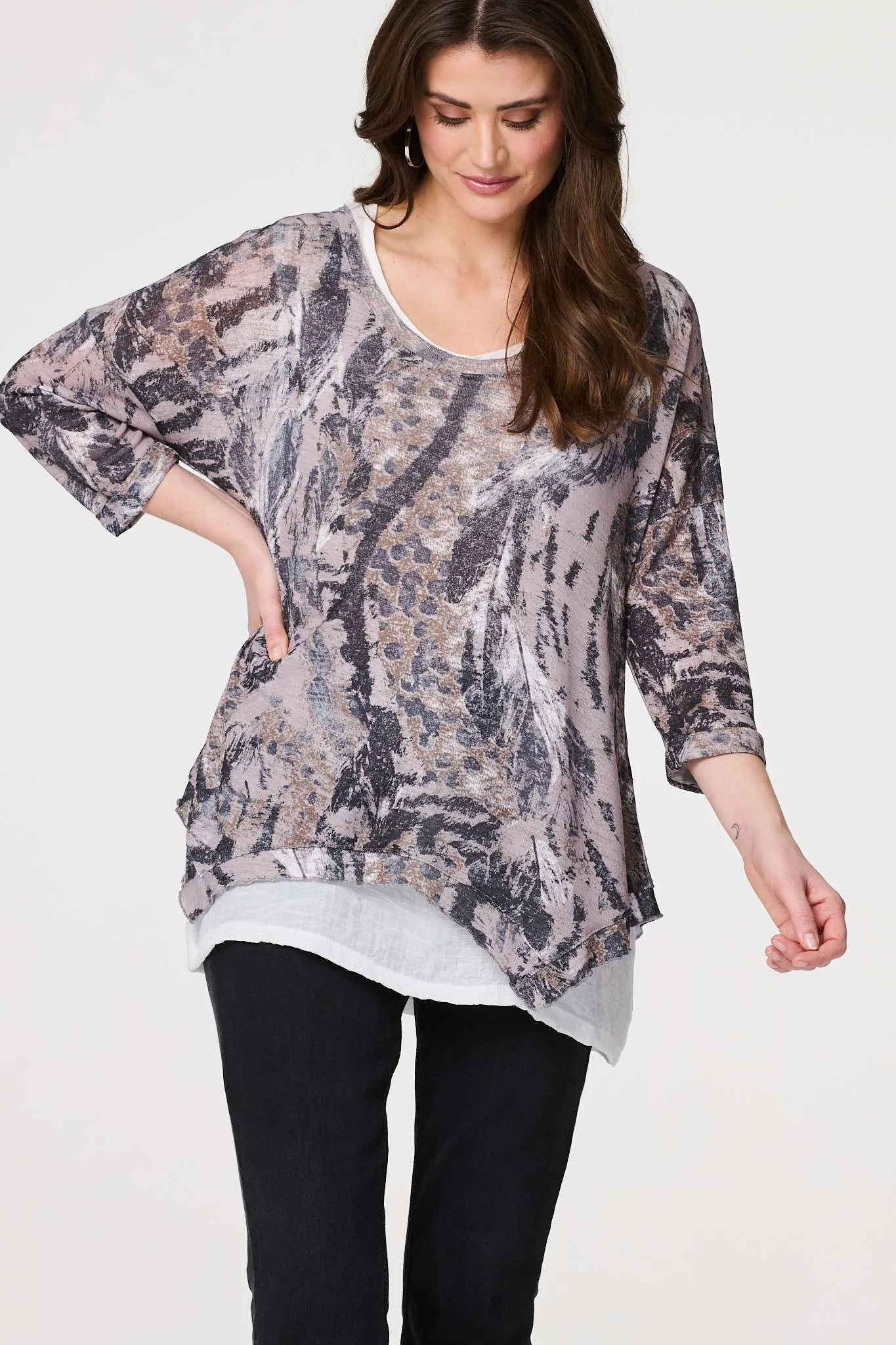 Animal Print Double Layer Relaxed Tunic Top