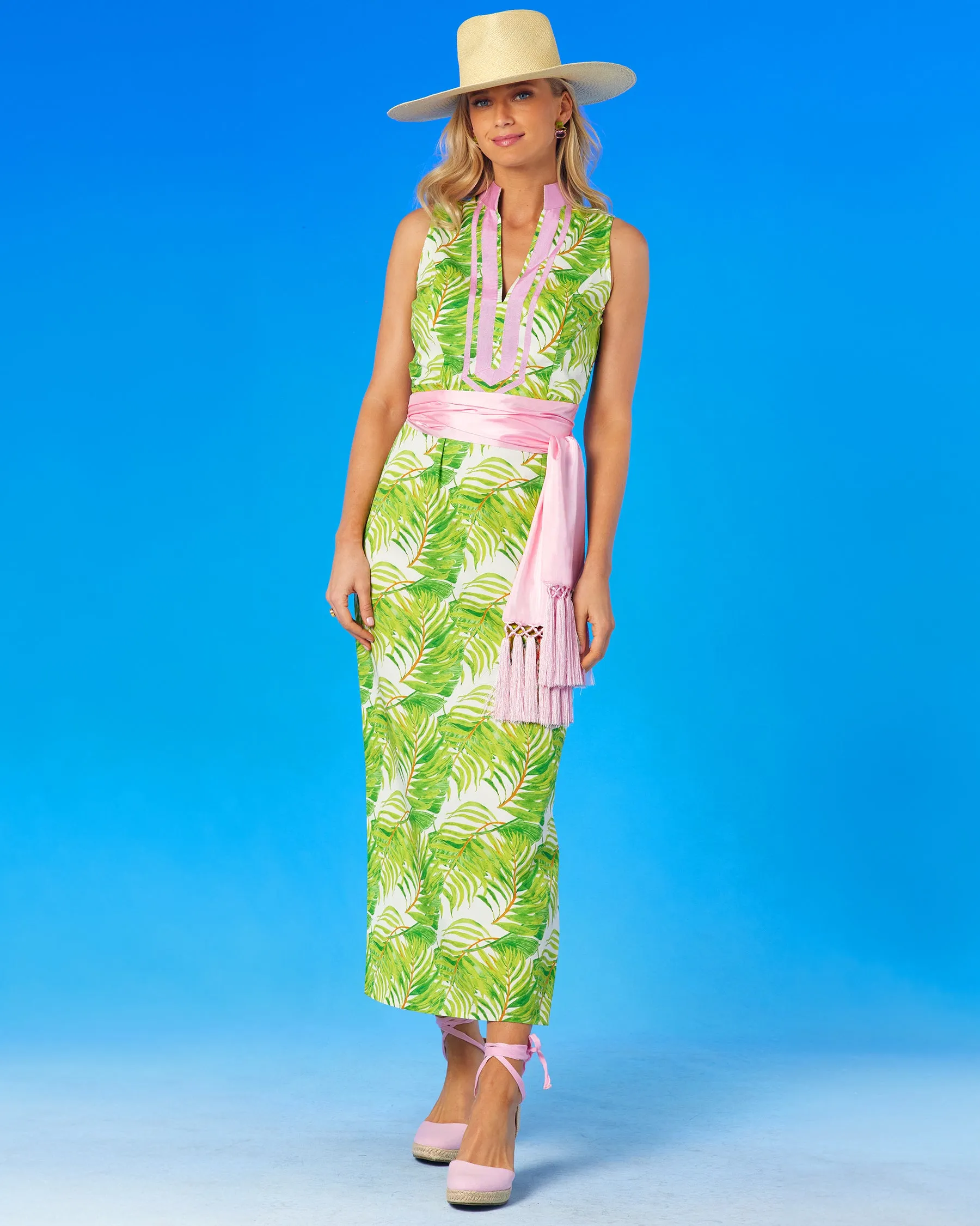 Ashley Sleeveless Long Dress in Palm Print