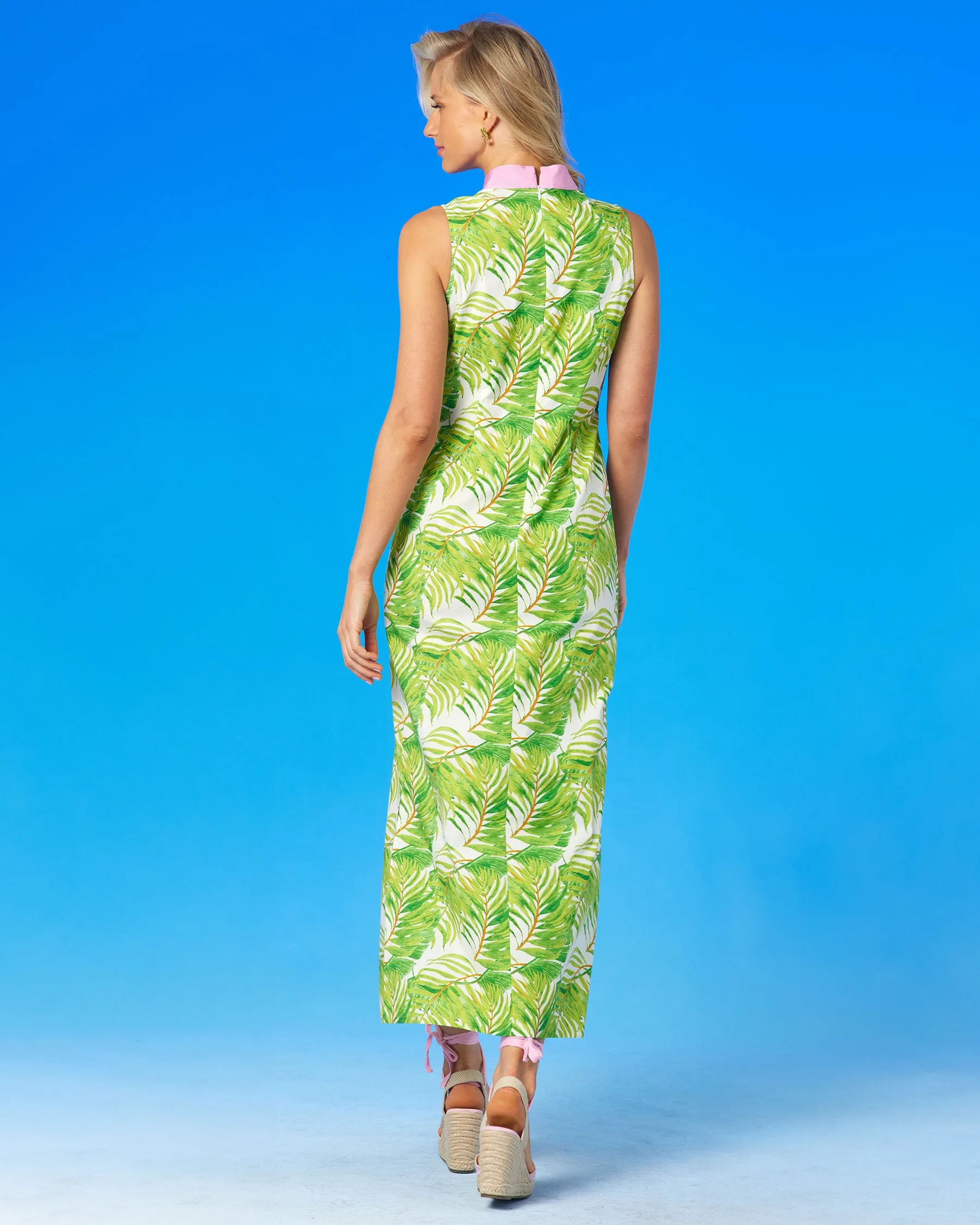 Ashley Sleeveless Long Dress in Palm Print