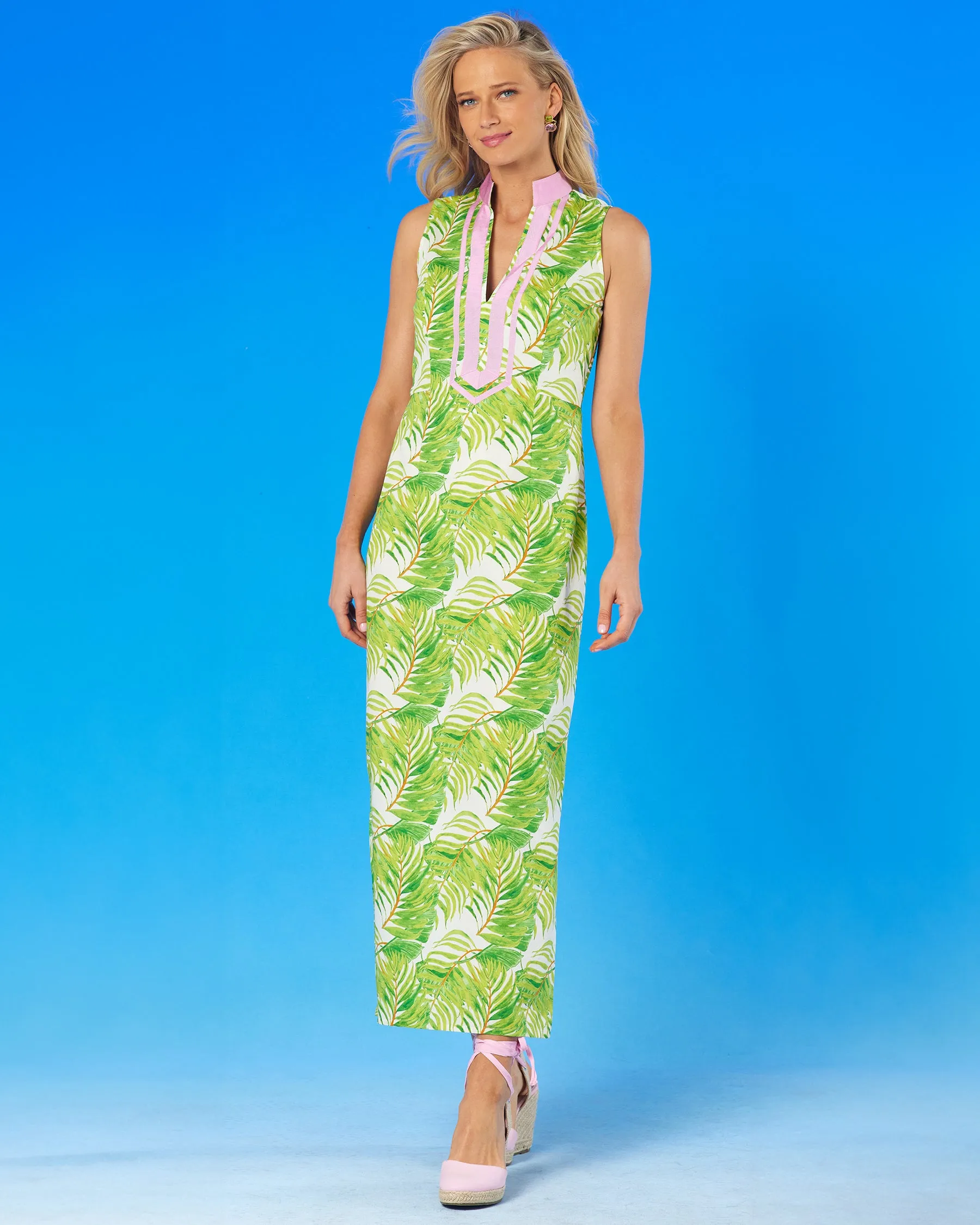 Ashley Sleeveless Long Dress in Palm Print