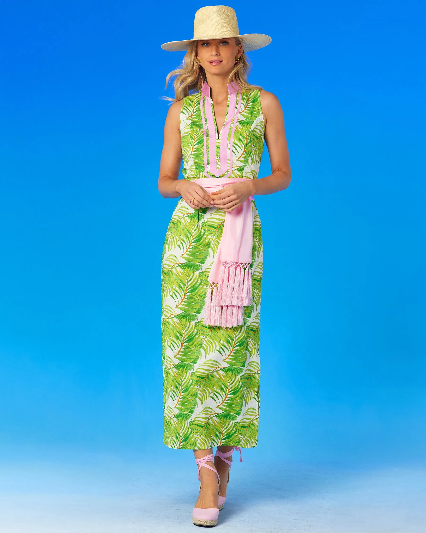 Ashley Sleeveless Long Dress in Palm Print