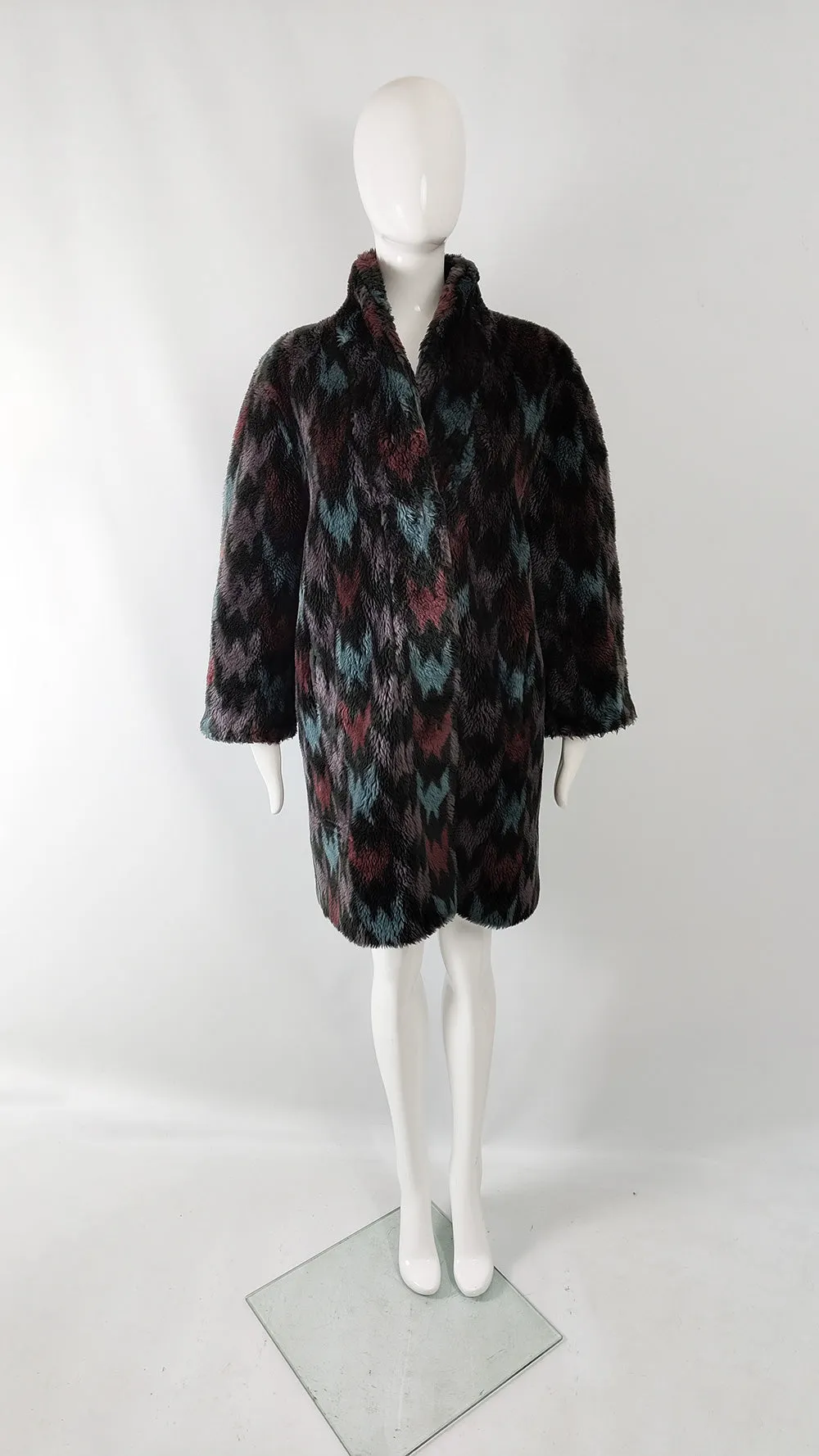 Astraka Vintage Womens Dramatic Printed Faux Fur Coat, 1980s