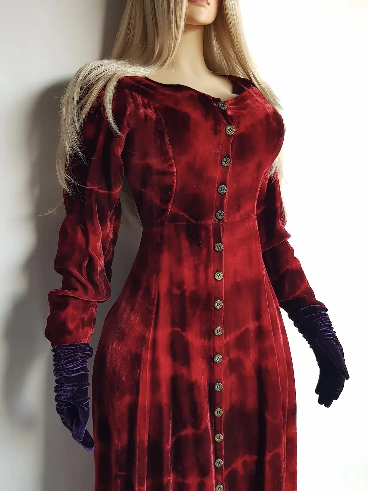 Authentic 1990s Blood Red Coat / Dress in Plush Velvet - Hand Dyed - medieval metal buttons - long sleeve & floor length