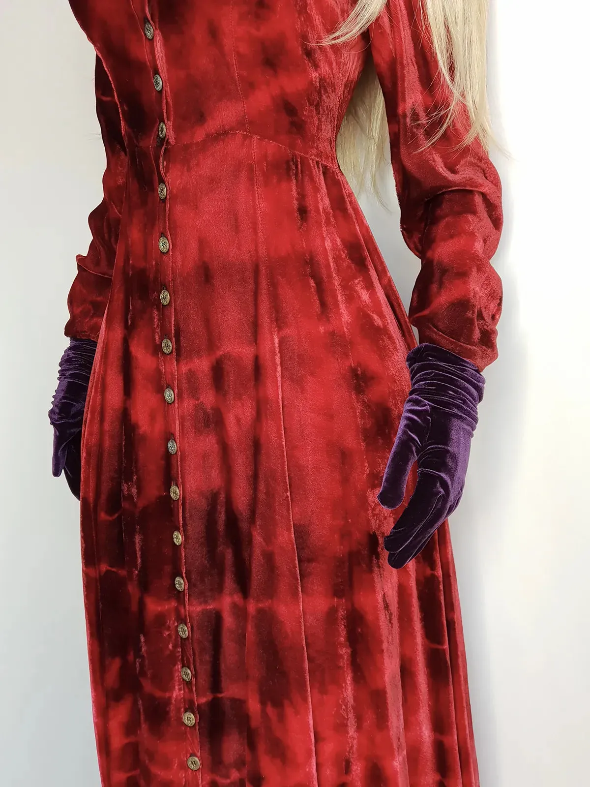 Authentic 1990s Blood Red Coat / Dress in Plush Velvet - Hand Dyed - medieval metal buttons - long sleeve & floor length