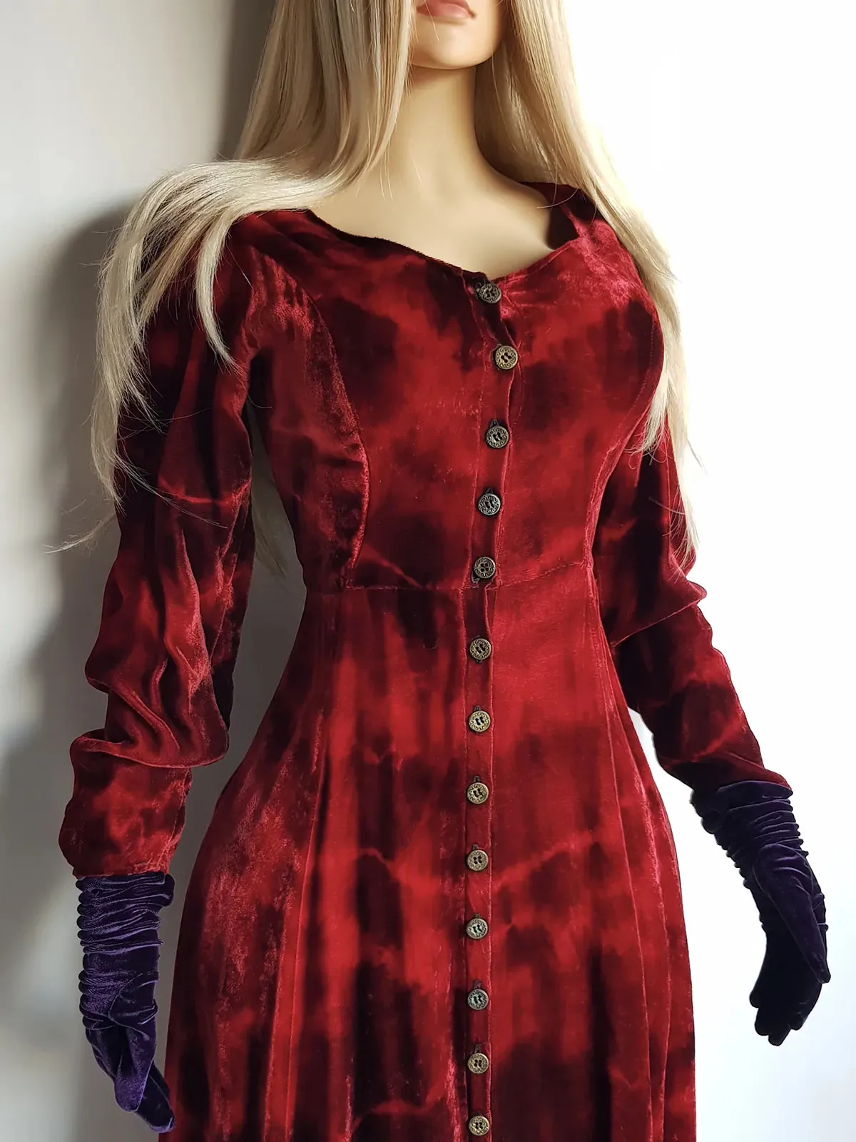 Authentic 1990s Blood Red Coat / Dress in Plush Velvet - Hand Dyed - medieval metal buttons - long sleeve & floor length