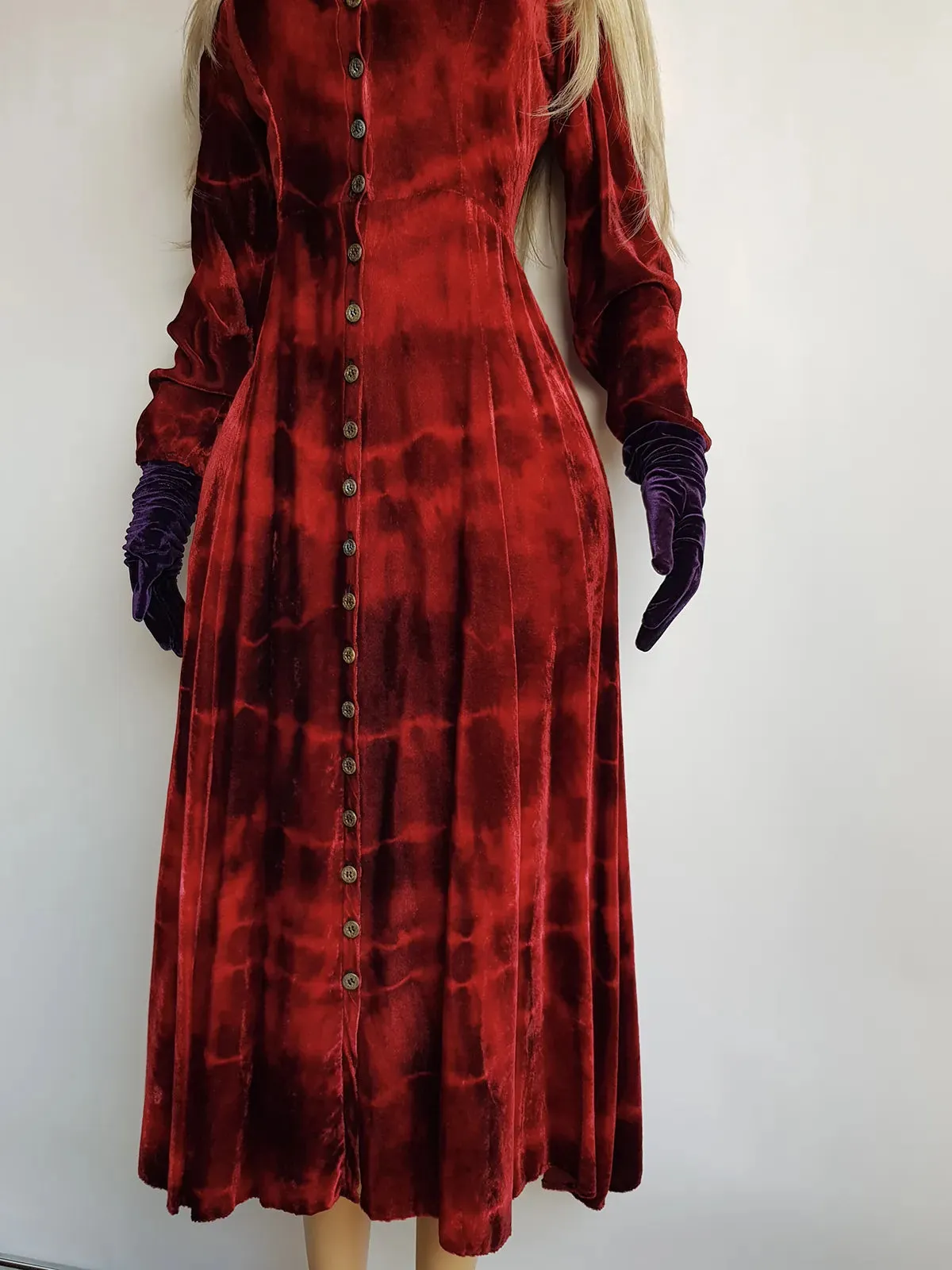 Authentic 1990s Blood Red Coat / Dress in Plush Velvet - Hand Dyed - medieval metal buttons - long sleeve & floor length