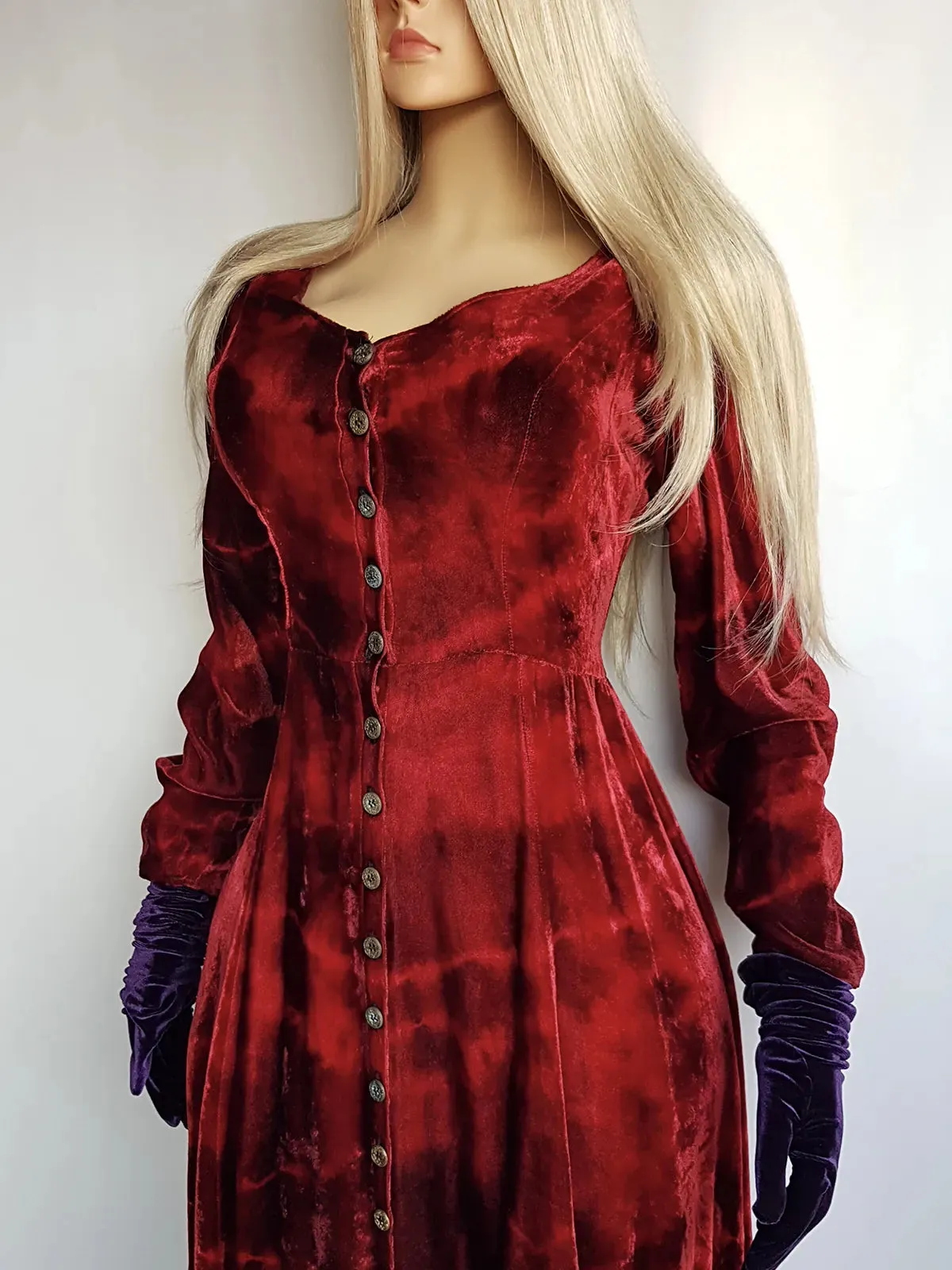 Authentic 1990s Blood Red Coat / Dress in Plush Velvet - Hand Dyed - medieval metal buttons - long sleeve & floor length