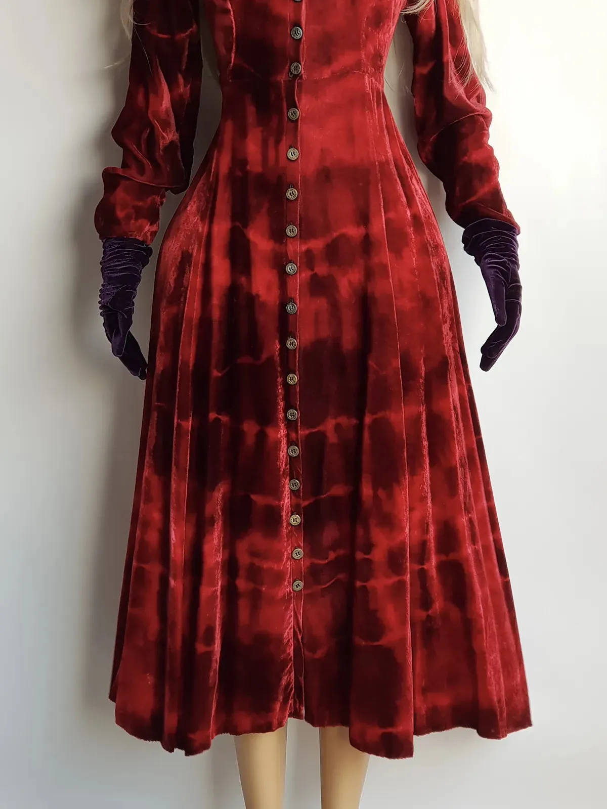 Authentic 1990s Blood Red Coat / Dress in Plush Velvet - Hand Dyed - medieval metal buttons - long sleeve & floor length