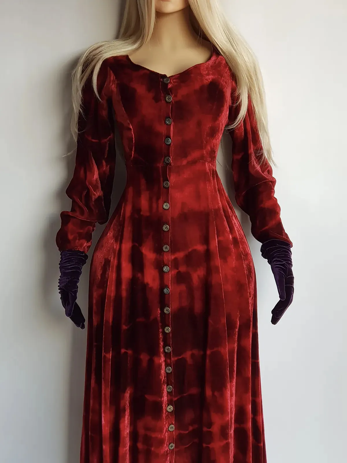 Authentic 1990s Blood Red Coat / Dress in Plush Velvet - Hand Dyed - medieval metal buttons - long sleeve & floor length