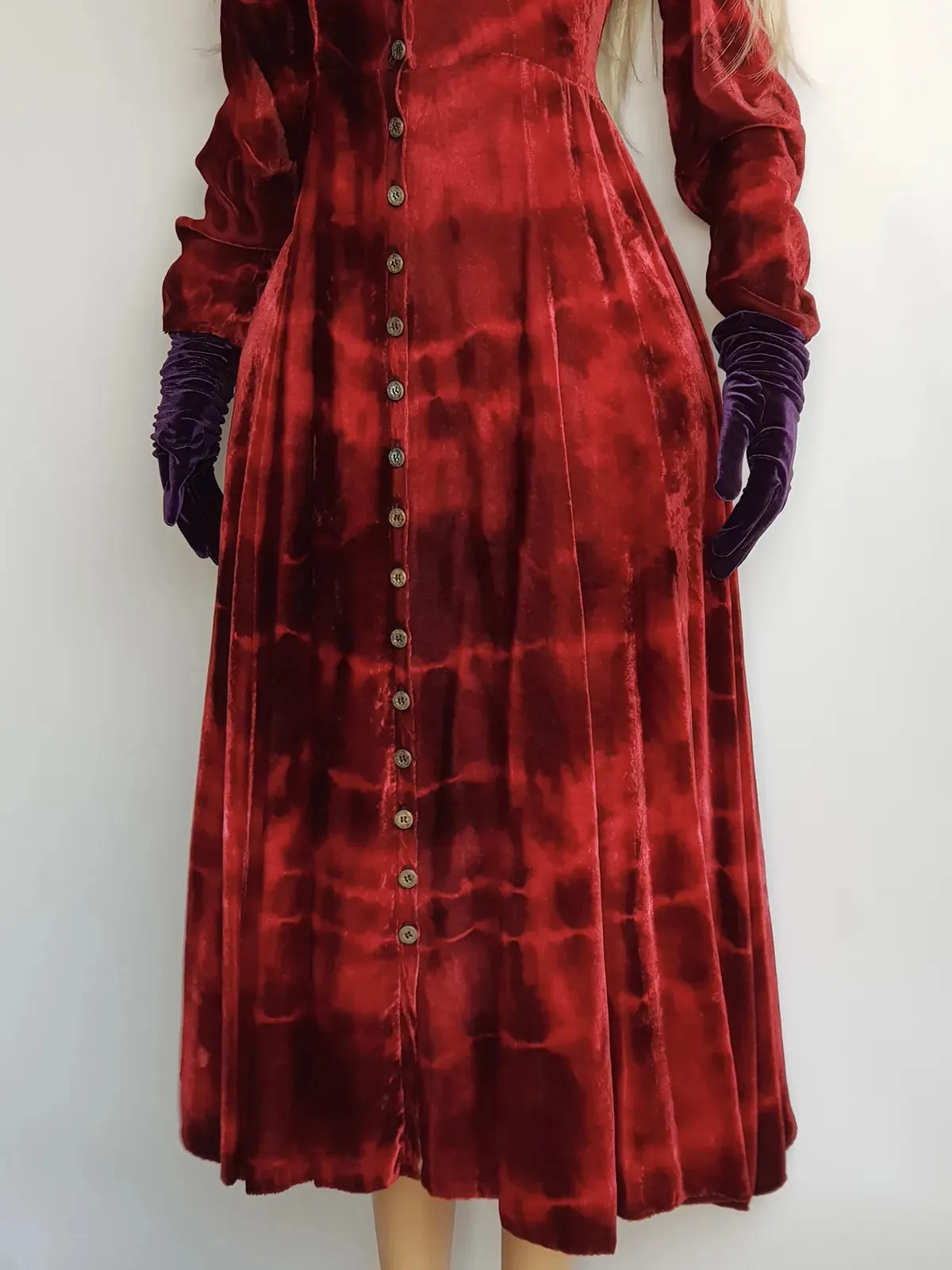 Authentic 1990s Blood Red Coat / Dress in Plush Velvet - Hand Dyed - medieval metal buttons - long sleeve & floor length