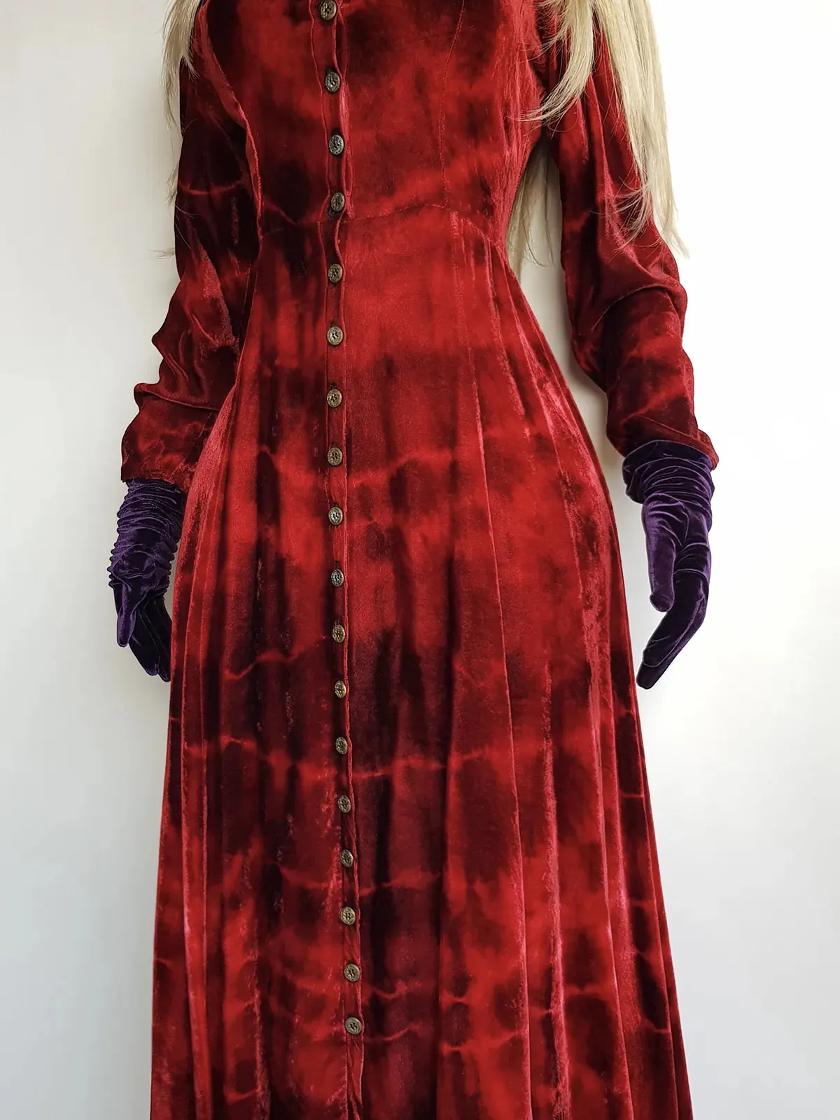 Authentic 1990s Blood Red Coat / Dress in Plush Velvet - Hand Dyed - medieval metal buttons - long sleeve & floor length