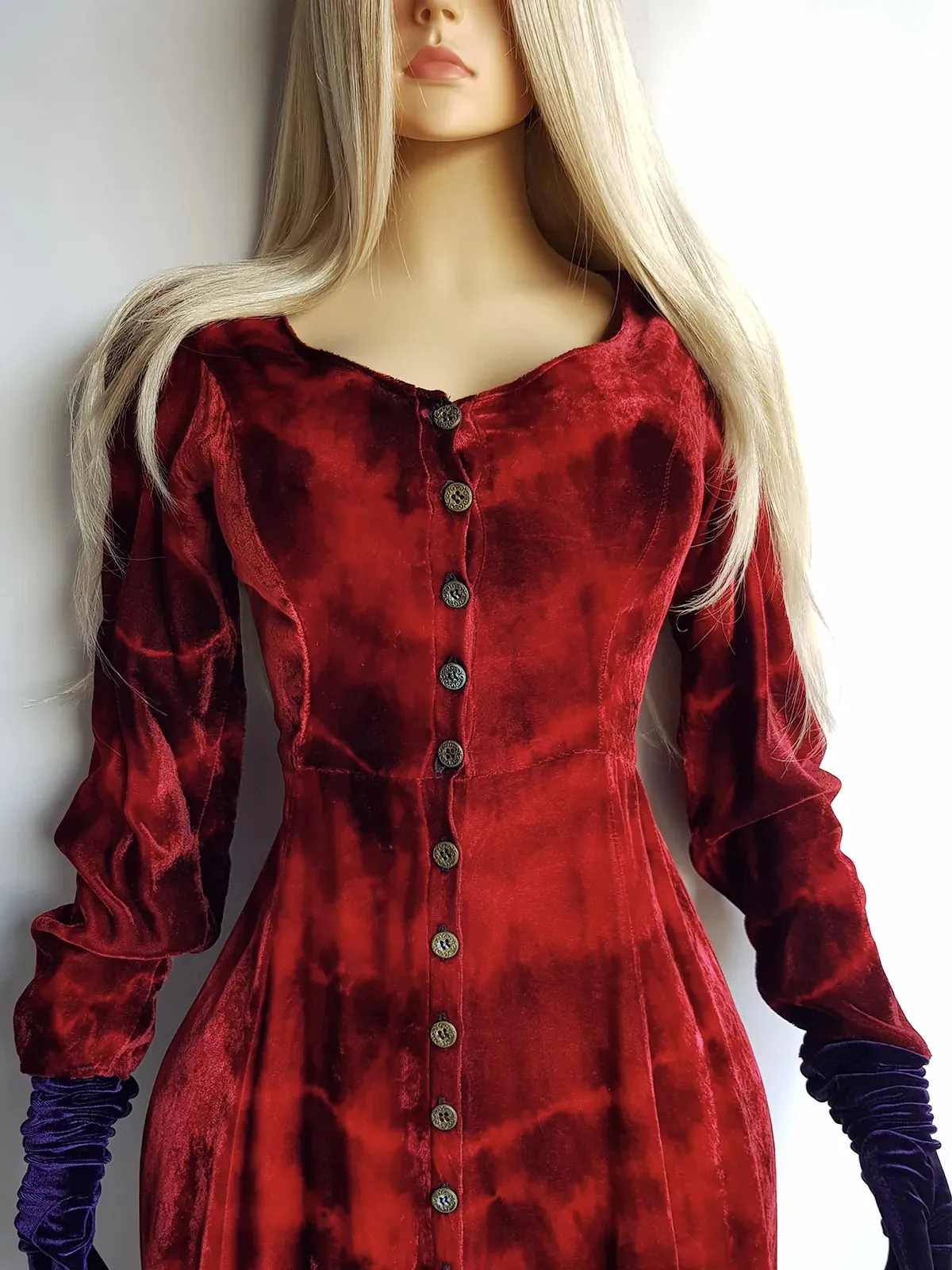 Authentic 1990s Blood Red Coat / Dress in Plush Velvet - Hand Dyed - medieval metal buttons - long sleeve & floor length