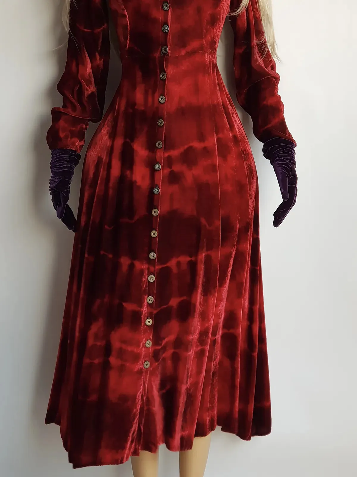 Authentic 1990s Blood Red Coat / Dress in Plush Velvet - Hand Dyed - medieval metal buttons - long sleeve & floor length