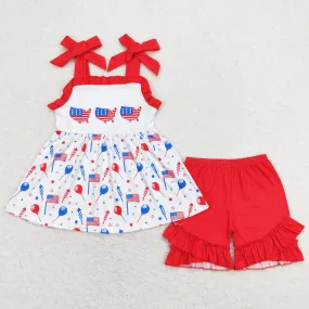 Baby Girls Clothes 4th Of July Flags Balloons Tunic Ruffle Shorts Sets GSSO0679