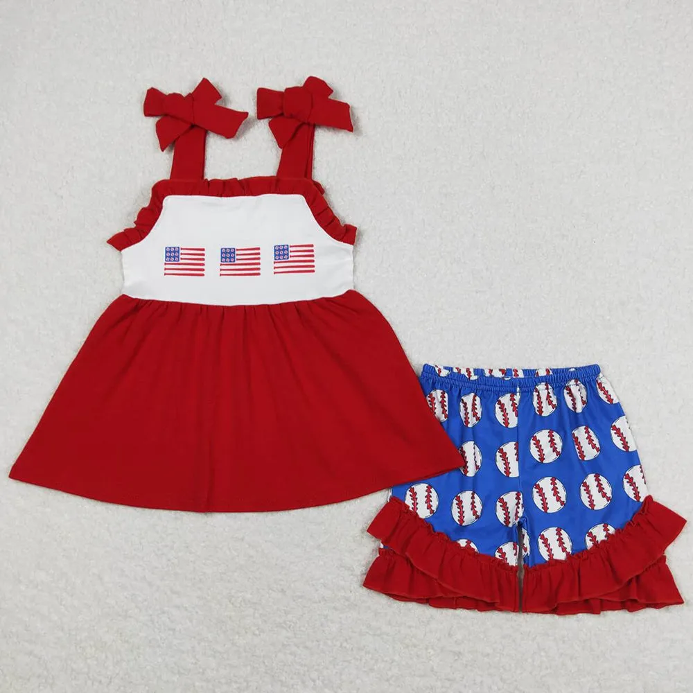 Baby Girls Clothes Baseball Flags Straps Tunic Top Ruffle Shorts Kids Sibling Clothes Boys Sets GSSO0736