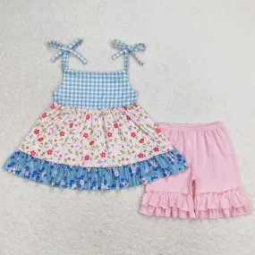 Baby Girls Clothes Blue Checkered Floral Halter Tunic Ruffle Shorts Sets GSSO0836