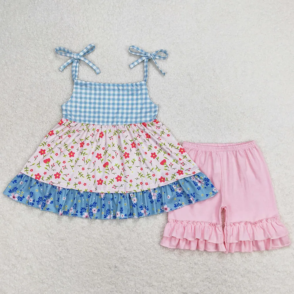 Baby Girls Clothes Blue Checkered Floral Halter Tunic Ruffle Shorts Sets GSSO0836