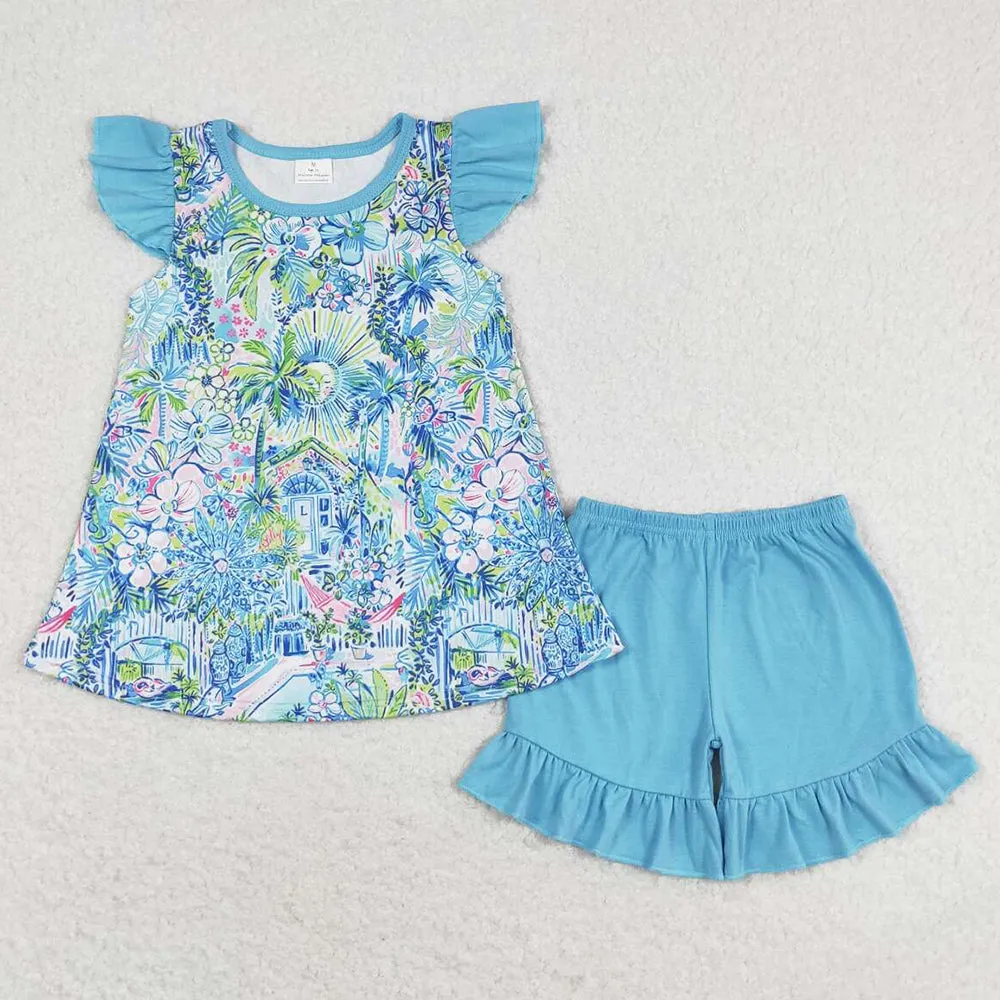 Baby Girls Clothes Blue Flowers Tunic Tops Ruffle Shorts Sets GSSO1084