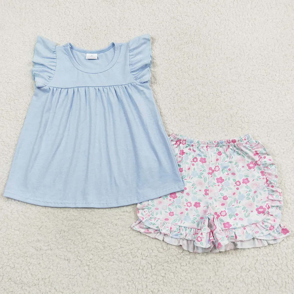 Baby Girls Clothes Blue Flutter Sleeve Tunic Top Ruffle Floral Shorts Sets GSSO1056