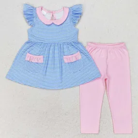 Baby Girls Clothes Blue Stripes Tunic Tops Pockets Top Pink Legging Sets GSPO1241