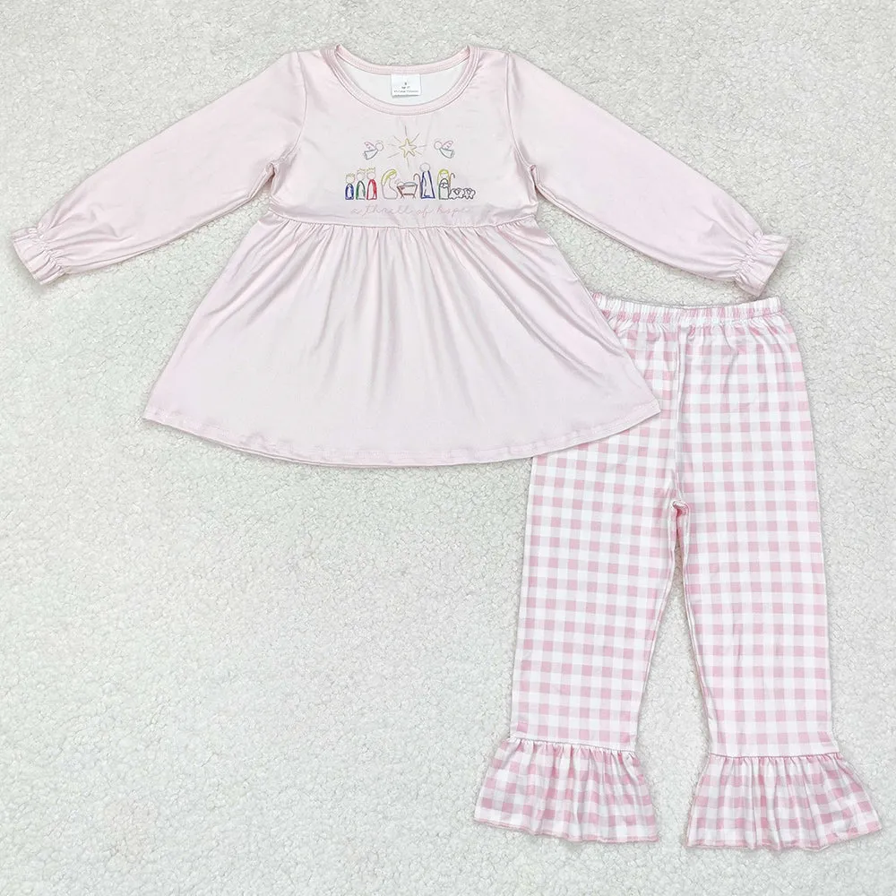 Baby Girls Clothes Christmas Pink Nativity Tunic Top Ruffle Pants Sibling Clothes Sets GLP1225 BLP0504