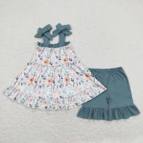 Baby Girls Clothes Dark Blue Flowers Straps Tunic Top Ruffle Shorts Sets GSSO0562