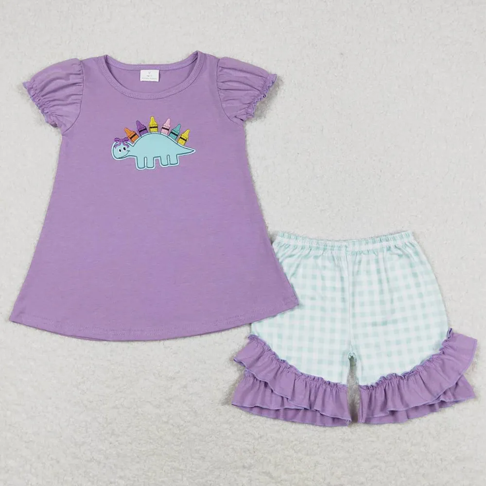 Baby Girls Clothes Dinosaurs Crayons Back To School Tunic Ruffle Shorts Sets GSSO1032