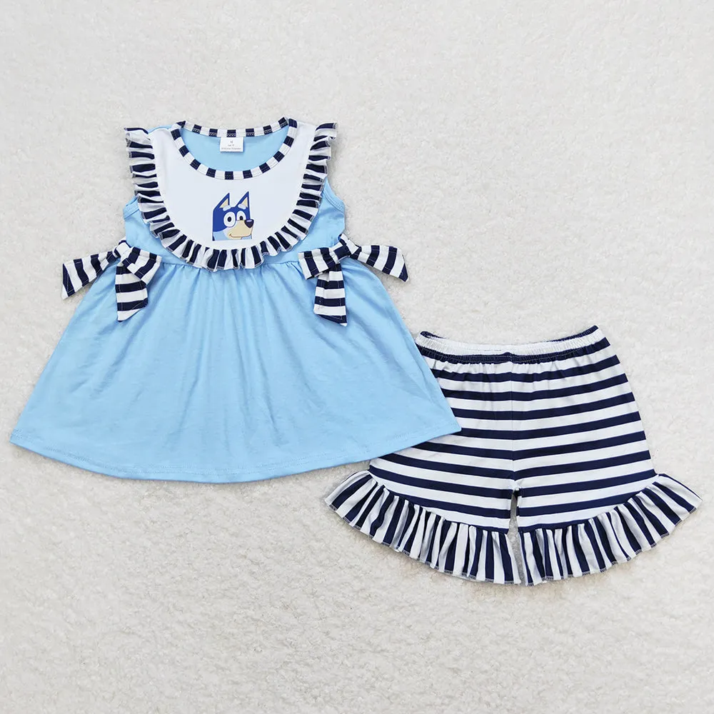 Baby Girls Clothes Dog Blue Tunic Top Ruffle Shorts Sets GSSO0751