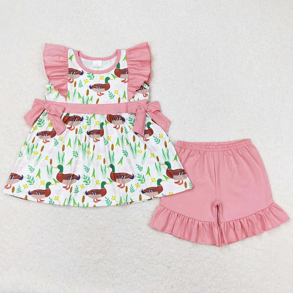 Baby Girls Clothes Duck Pink Bows Tunic Tops Ruffle Shorts Clothes Sets GSSO0517