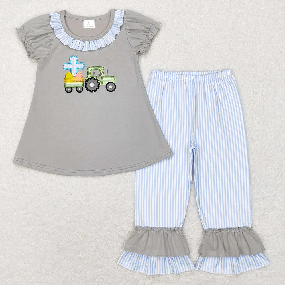 Baby Girls Clothes Easter Eggs Tractor Tunic Ruffle Pants Kids Sibling Sets GSPO0973