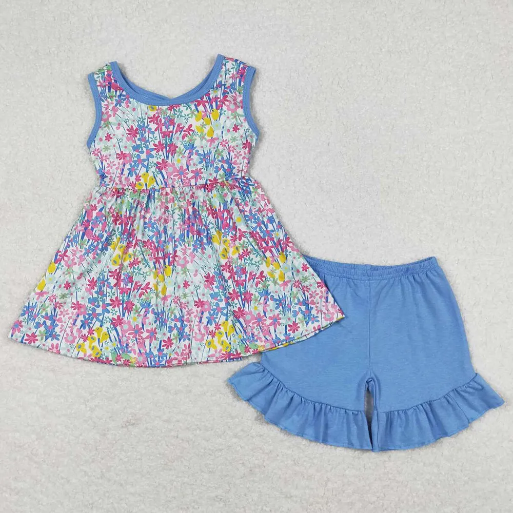 Baby Girls Clothes Flower Print Cute Girls Tunic Tops Shorts Sets GSSO0547