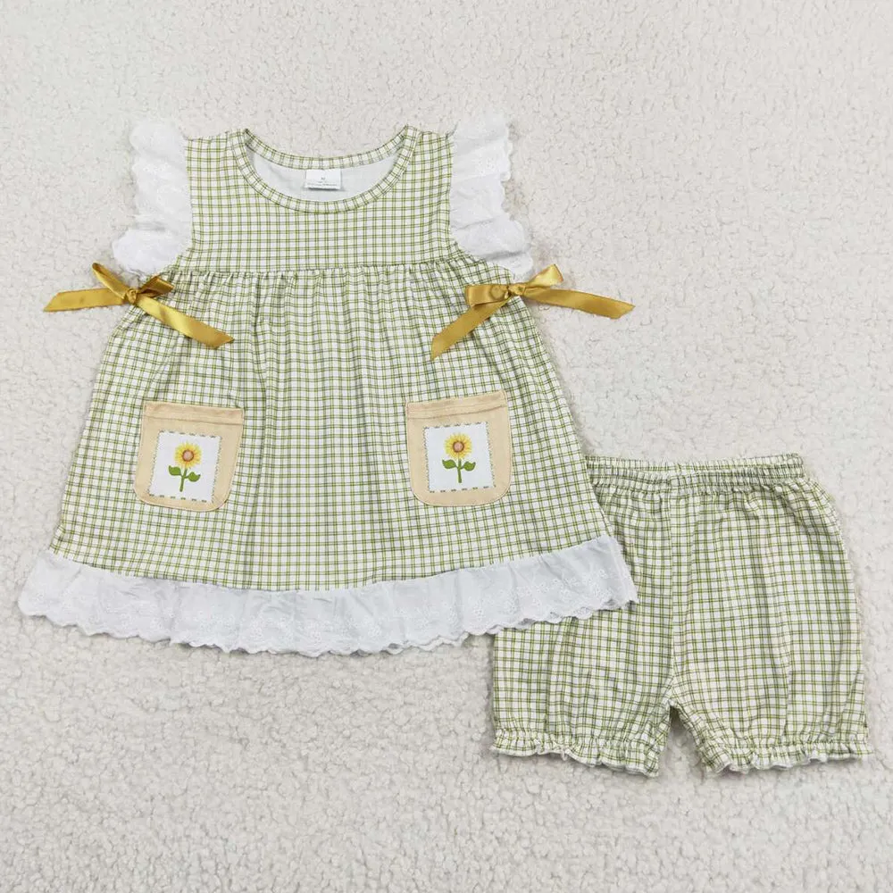 Baby Girls Clothes Green Checkered Flowers Pocket Tunic Shorts Clothes Sets GSSO1196