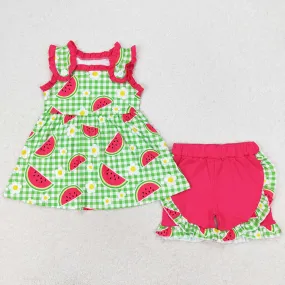 Baby Girls Clothes Green Checkered Watermelon Tunic Top Ruffle Shorts Sets GSSO0701