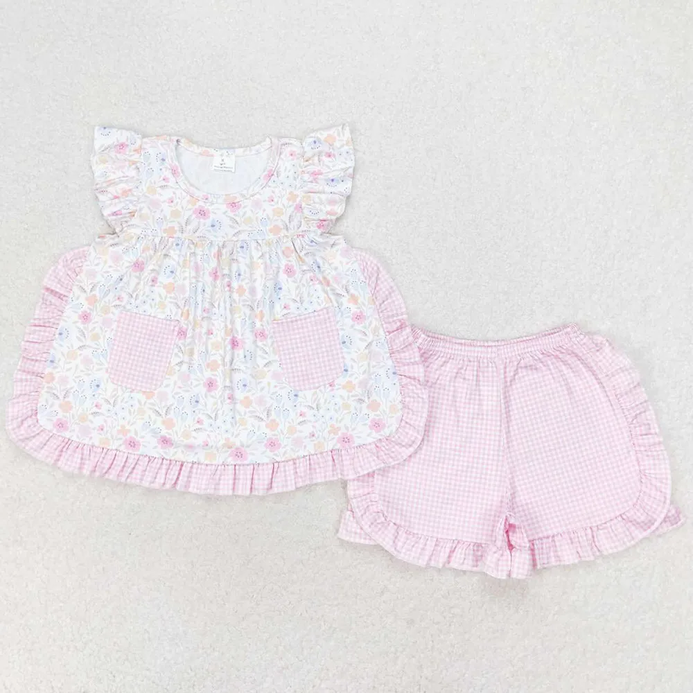 Baby Girls Clothes Pink Flowers Pockets Tunic Top Ruffle Shorts Sets GSSO1057