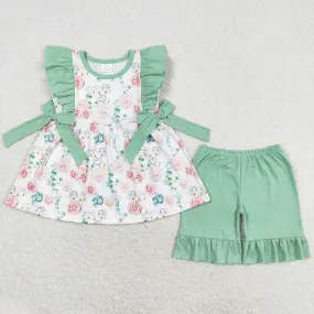 Baby Girls Clothes Pink Flowers Ruffle Bows Tunic Tops Shorts Sets GSSO1004