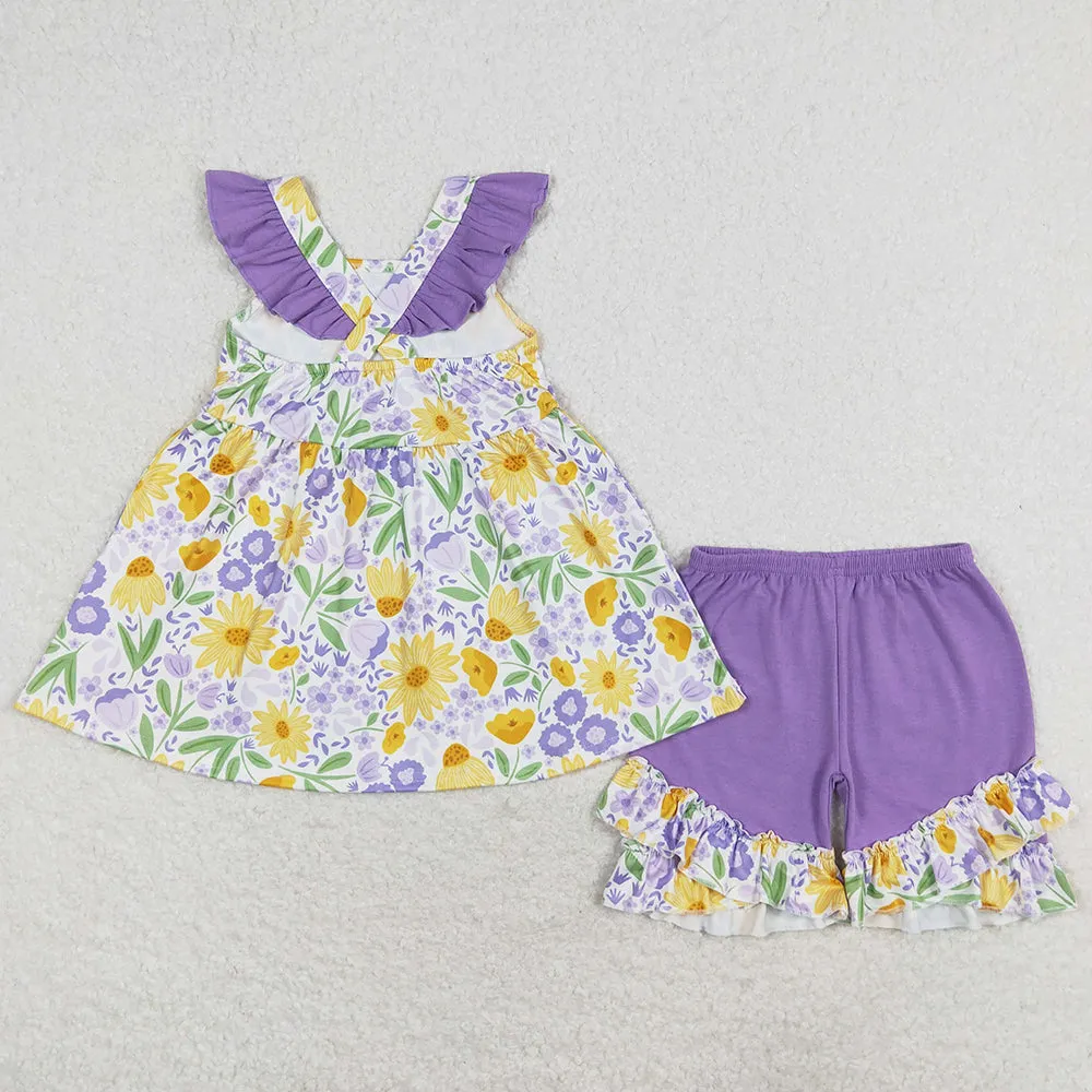 Baby Girls Clothes Purple Flowers Tunic Top Ruffle Shorts Sets GSSO1177