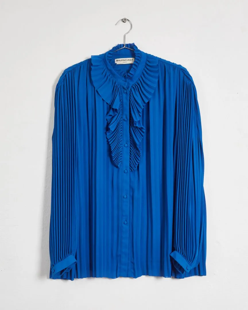 Balenciaga resort '17 pleated ruffle blouse, blue, 8