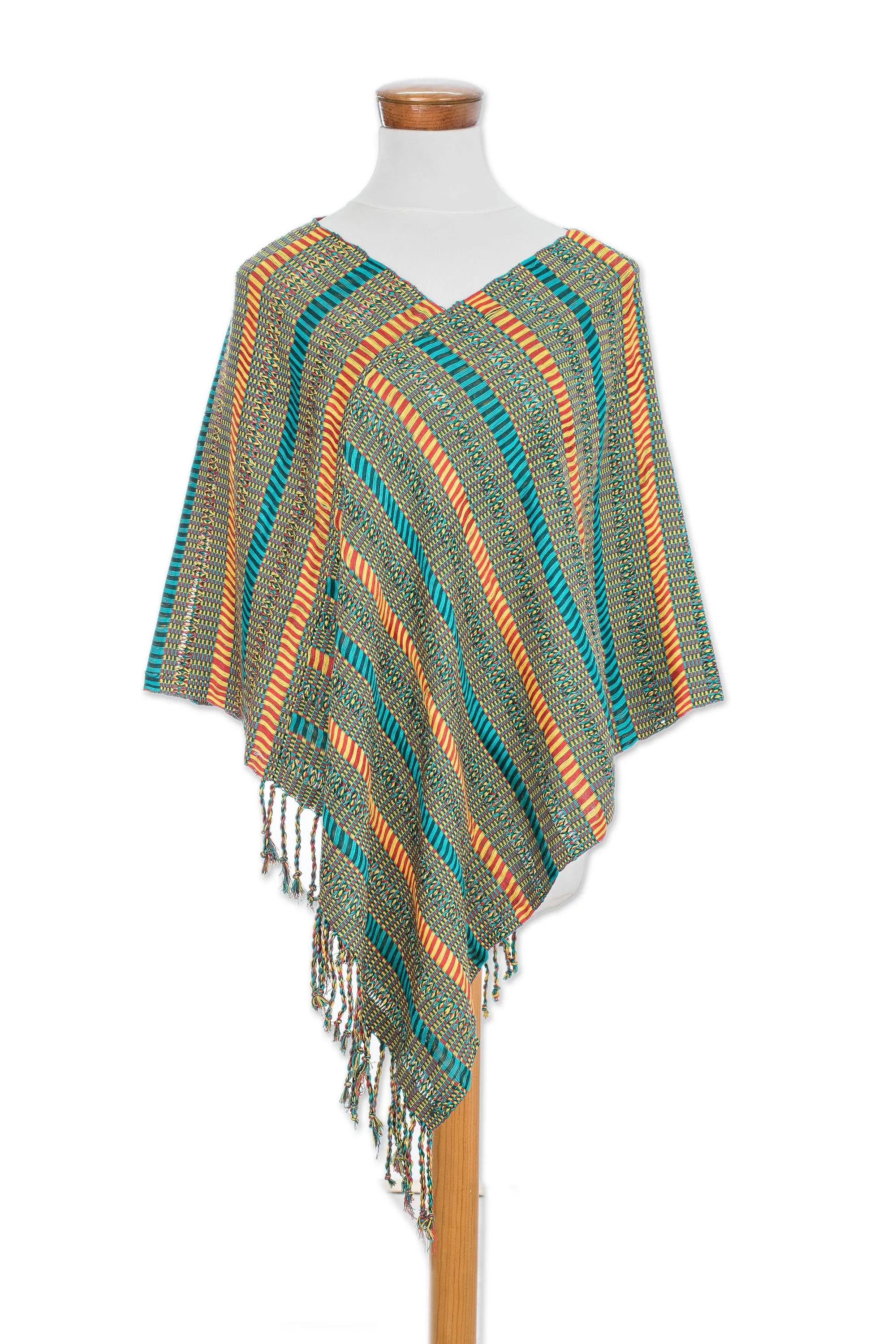 Beach Stripes Handwoven Striped Cotton Poncho from Guatemala