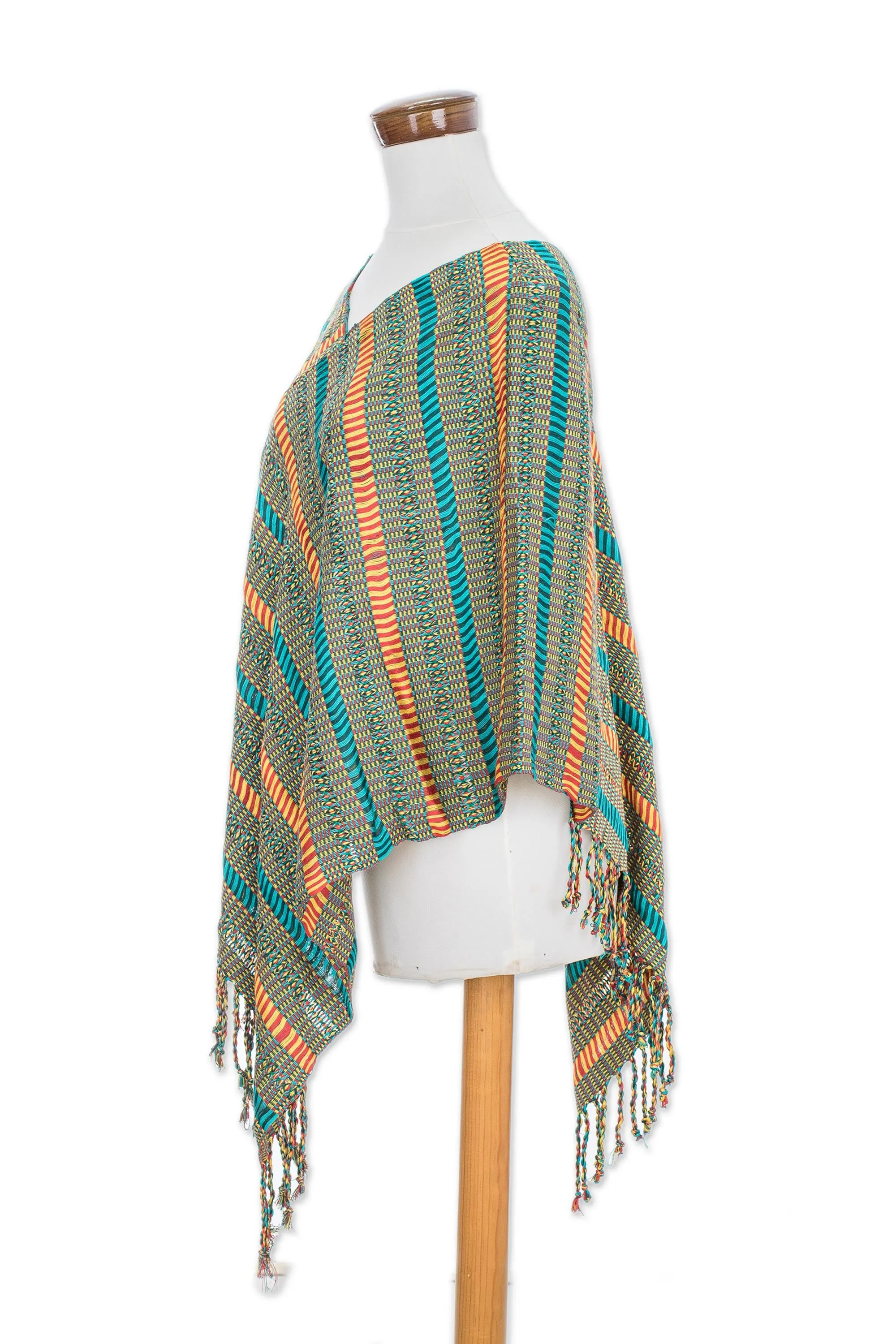 Beach Stripes Handwoven Striped Cotton Poncho from Guatemala