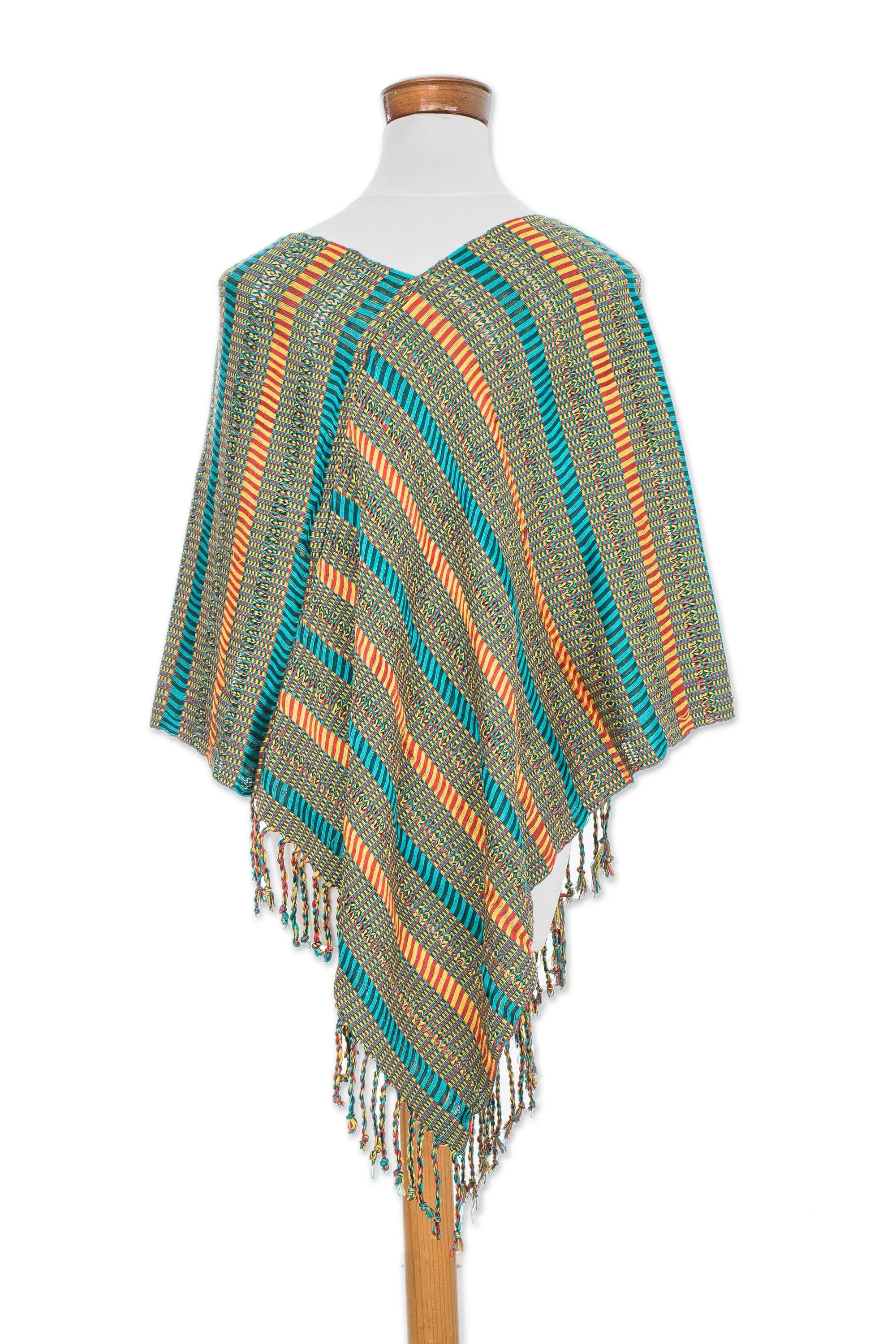 Beach Stripes Handwoven Striped Cotton Poncho from Guatemala